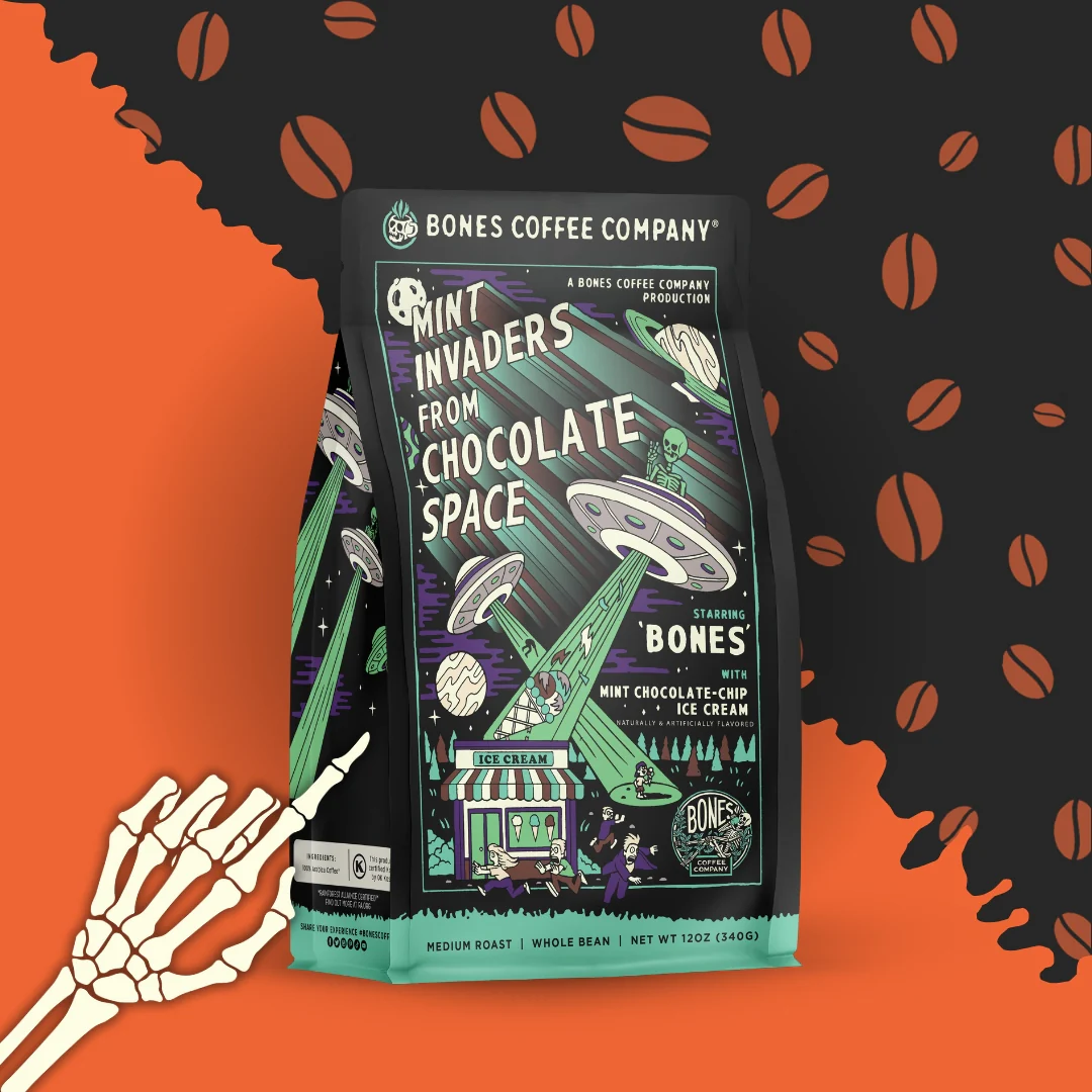 BONES COFFEE MINT INVADERS FROM CHOCOLATE SPACE 12OZ WHOLE BEAN COFFEE