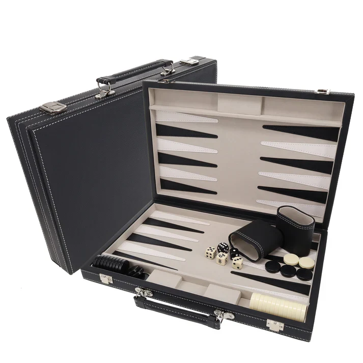 ELEGANT BLACK LEATHERETTE BACKGAMMON 14.75" X 9.75"