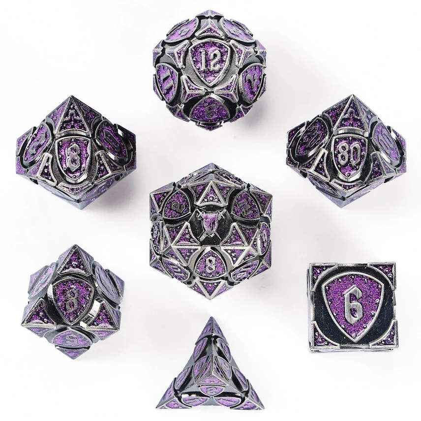 FIGHTER CLASS METAL RPG DICE: SILVER & PURPLE