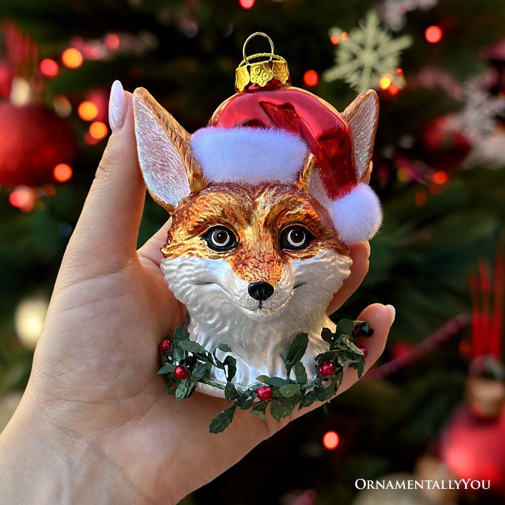 FOX WITH SANTA HAT GLASS HOLIDAY ORNAMENT - Image 2
