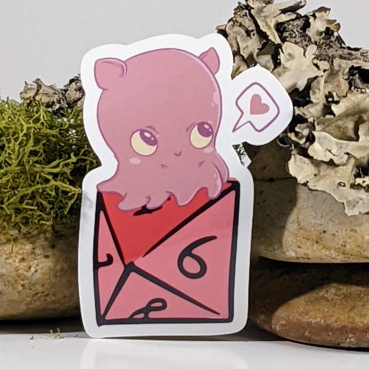 KAWAII SQUID ON POLYHEDRAL DICE STICKER