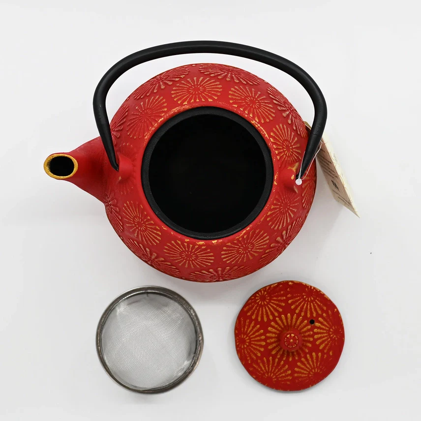 RED KIKU CHRYSANTHEMUM 40OZ CAST IRON TEA POT - Image 3
